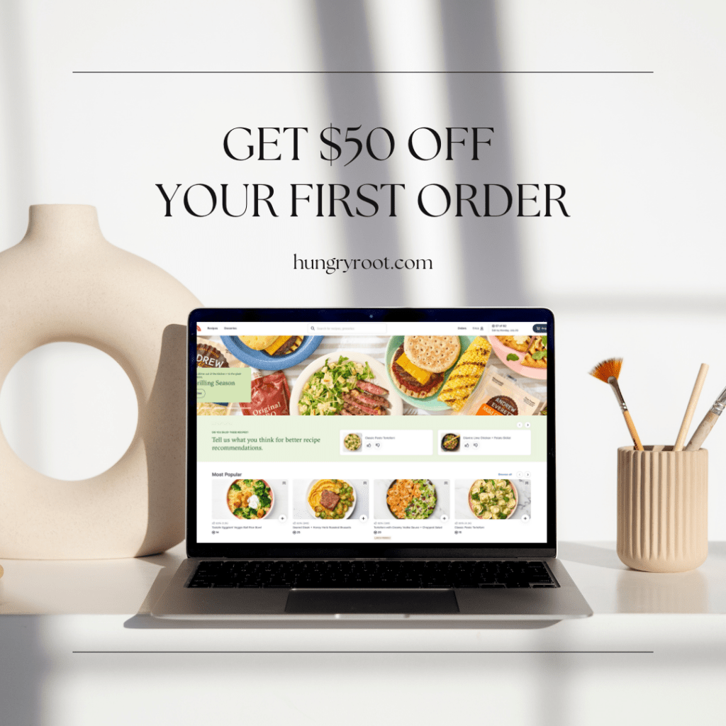 get $50 off your first order at hungryroot.com image with laptop on desk